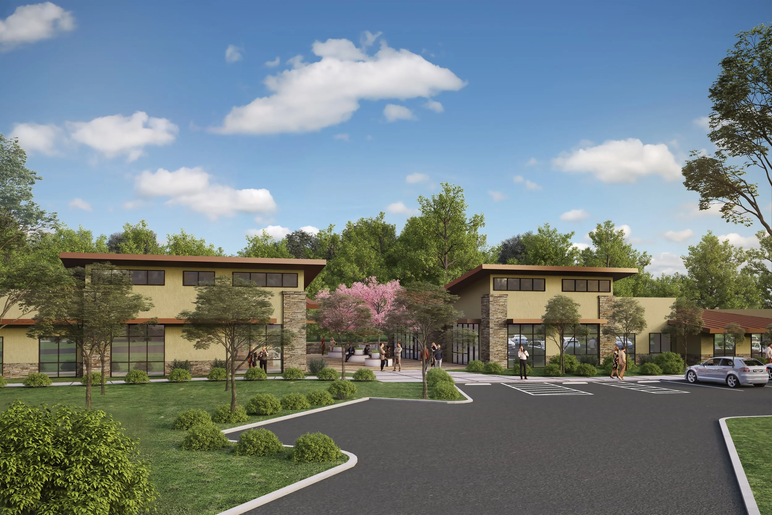 A rendering of the front: two stone-framed entrances under copper roofs, with a plaza of flowering trees between them.
