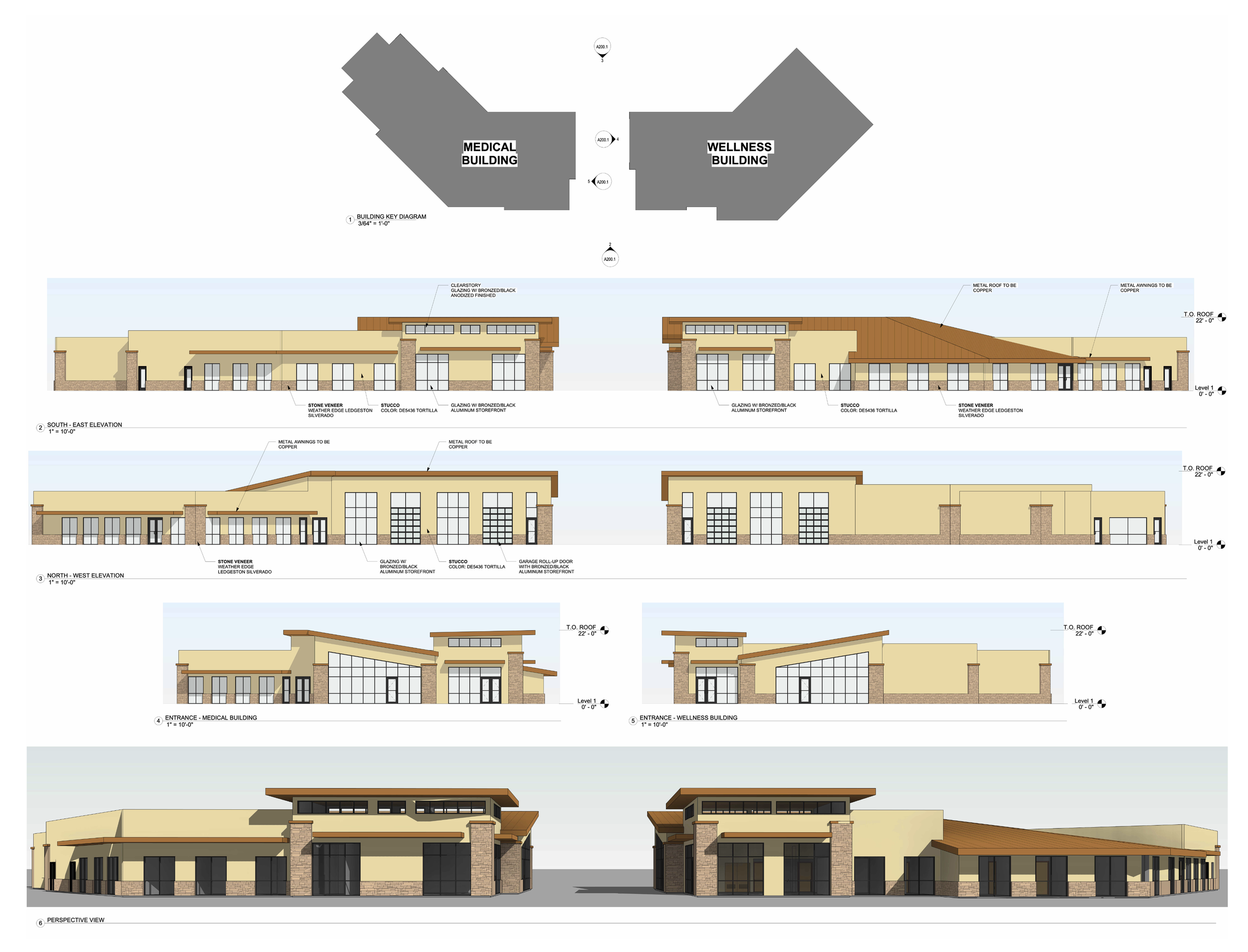 Elevations of the medical and wellness buildings, with a key plan and perspectives, calling out stone, stucco and copper.