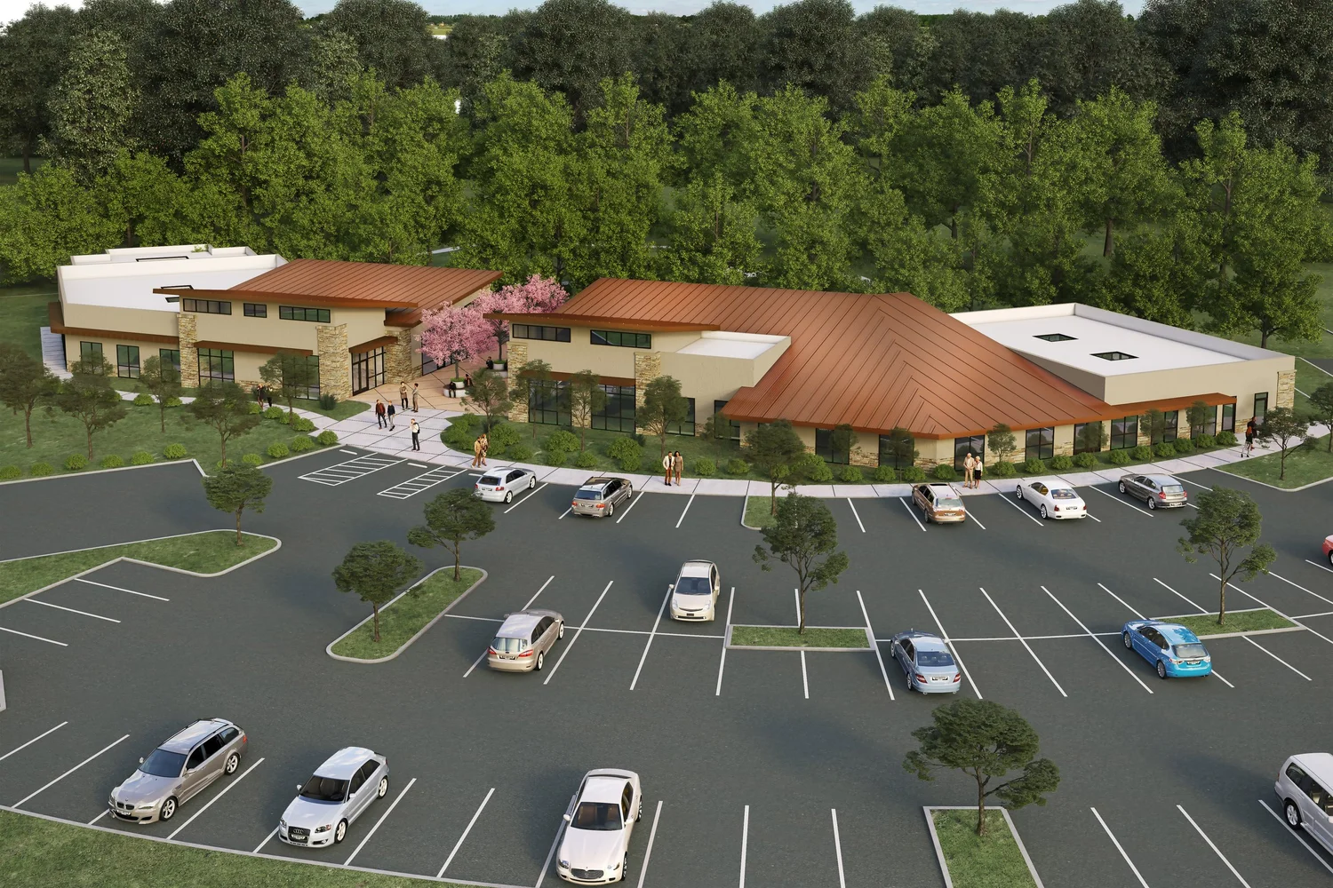 A rendering from above of two low buildings with copper roofs around a plaza.