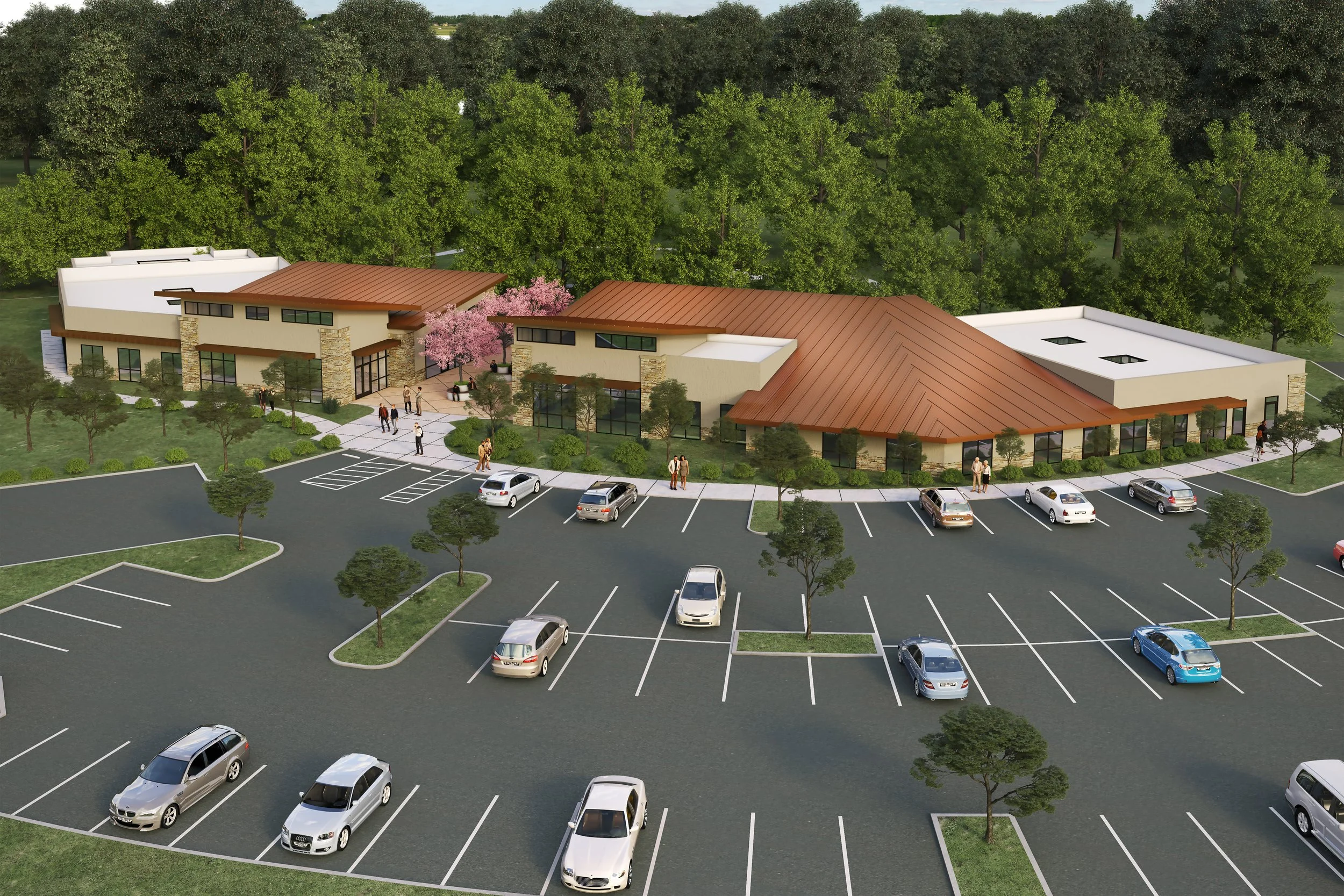 A rendering from above: two low buildings with copper roofs around a plaza of flowering trees, parking in front.