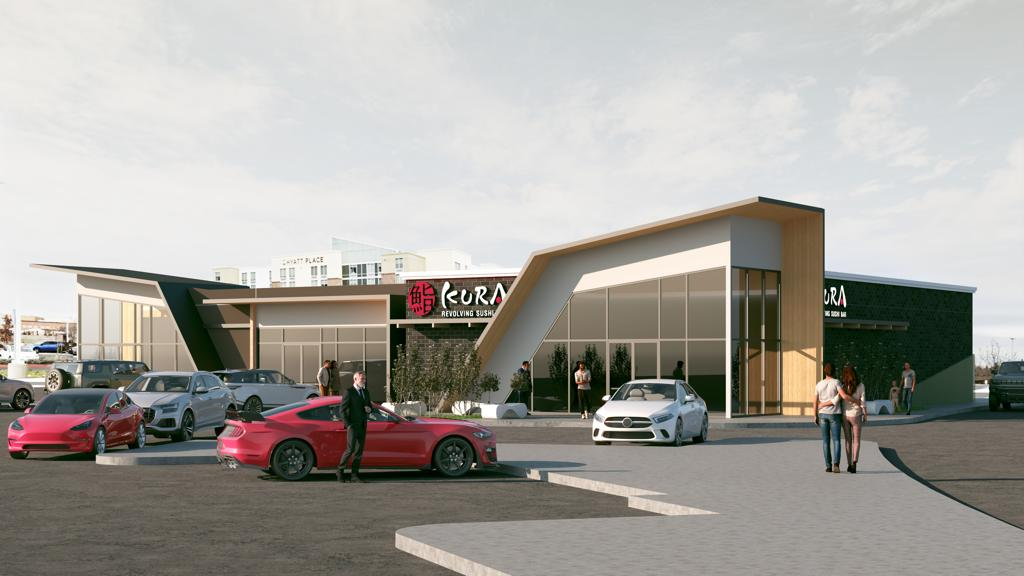 A rendering of the restaurant from the parking lot, its angled white roof folding down over a glass corner.
