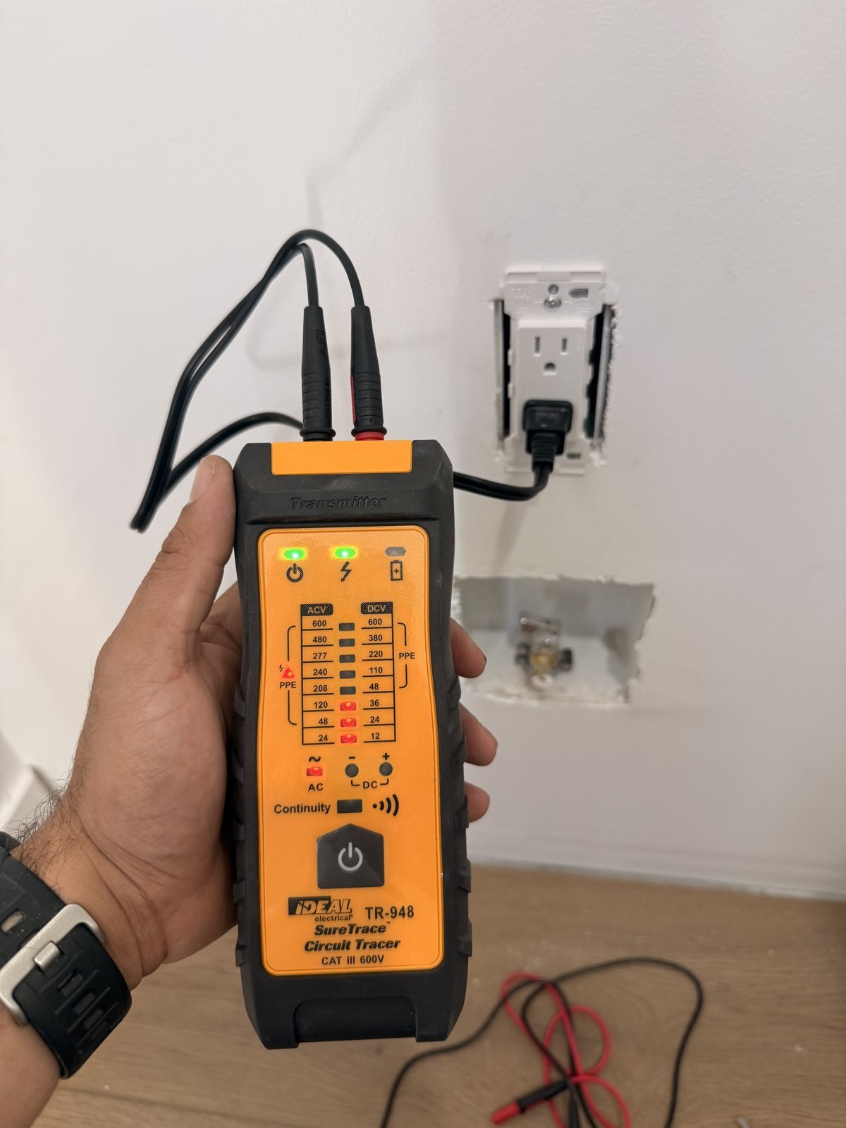 Circuit tracing equipment connected to an outlet during a Silverback Electric diagnostic visit