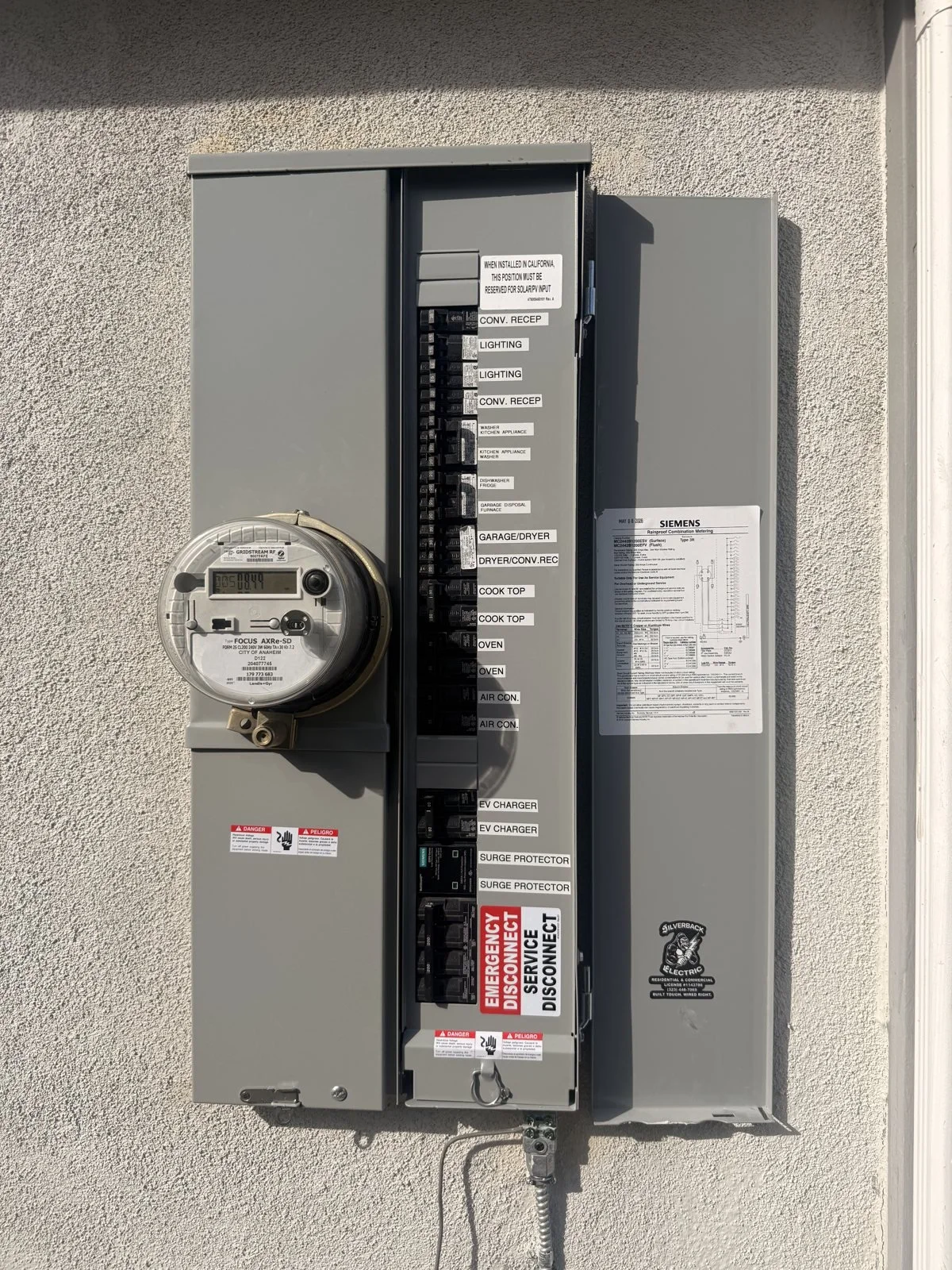 Electrical panel with clearly labeled branch circuit breakers