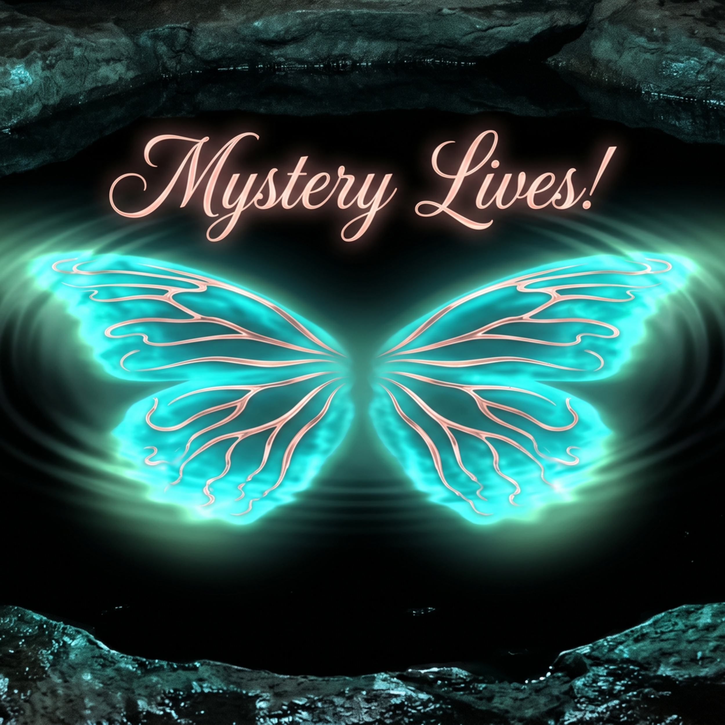 Mystery Lives — a luminous butterfly with turquoise and rose gold wings, the cover art for Blurred Lines by Spiritbird Productions.