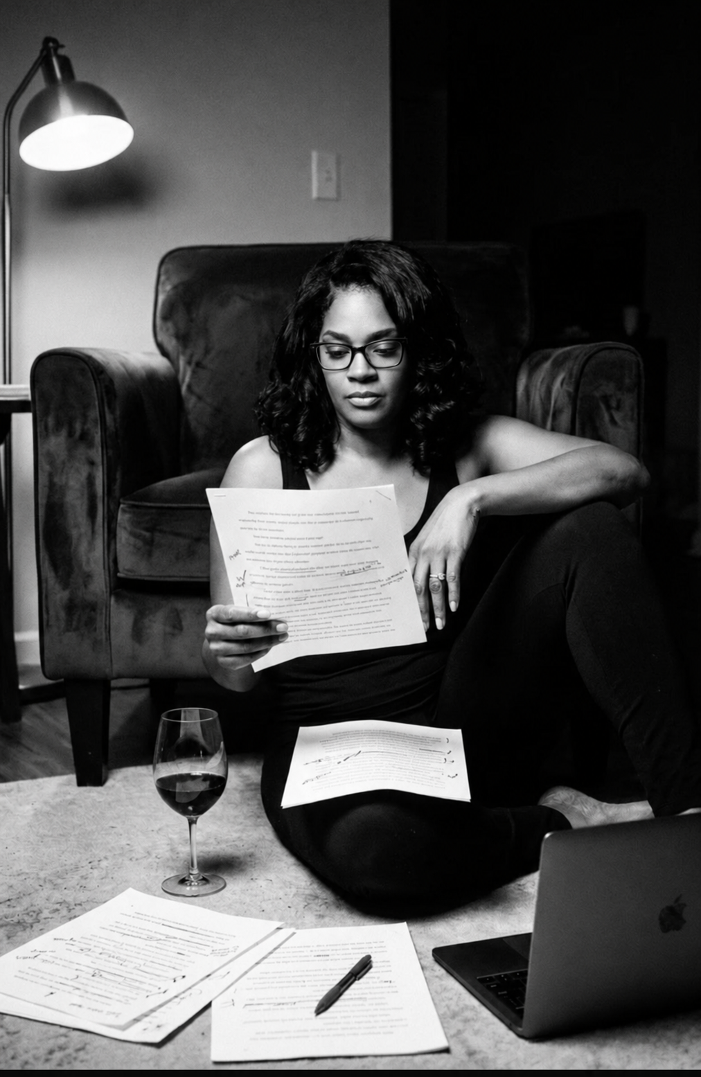 Tiffany Bella reviewing manuscript pages at home in black reading glasses