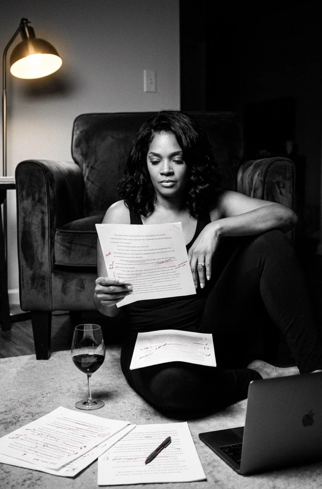 Tiffany Bella reviewing manuscript pages at home