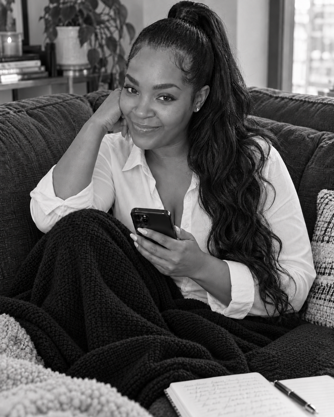 Tiffany Bella relaxing on the sofa with her phone and a black blanket