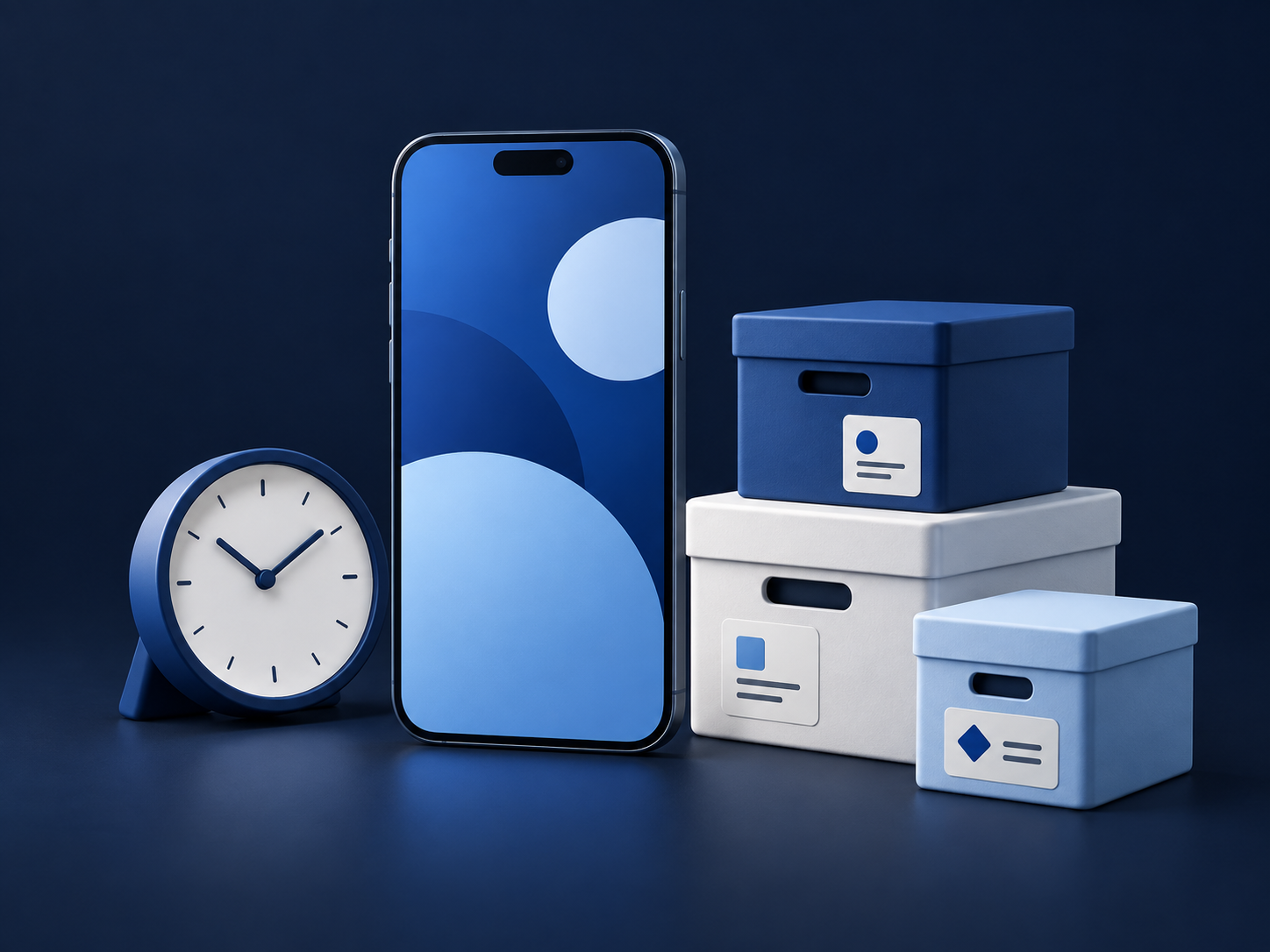 Illustration of a smartphone, clock, and labeled storage boxes representing simple everyday tools