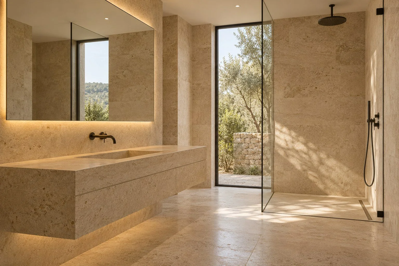 Visualización conceptual de baño de piedra natural