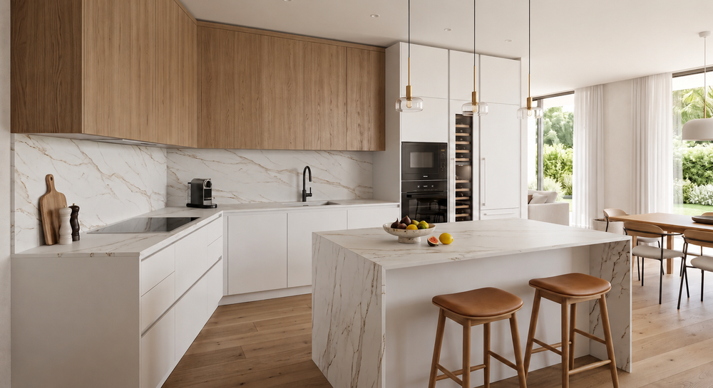 Cocina en blanco y madera