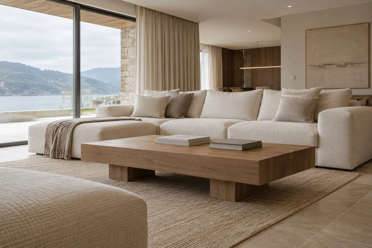 Salón de tonos naturales con carpintería de madera