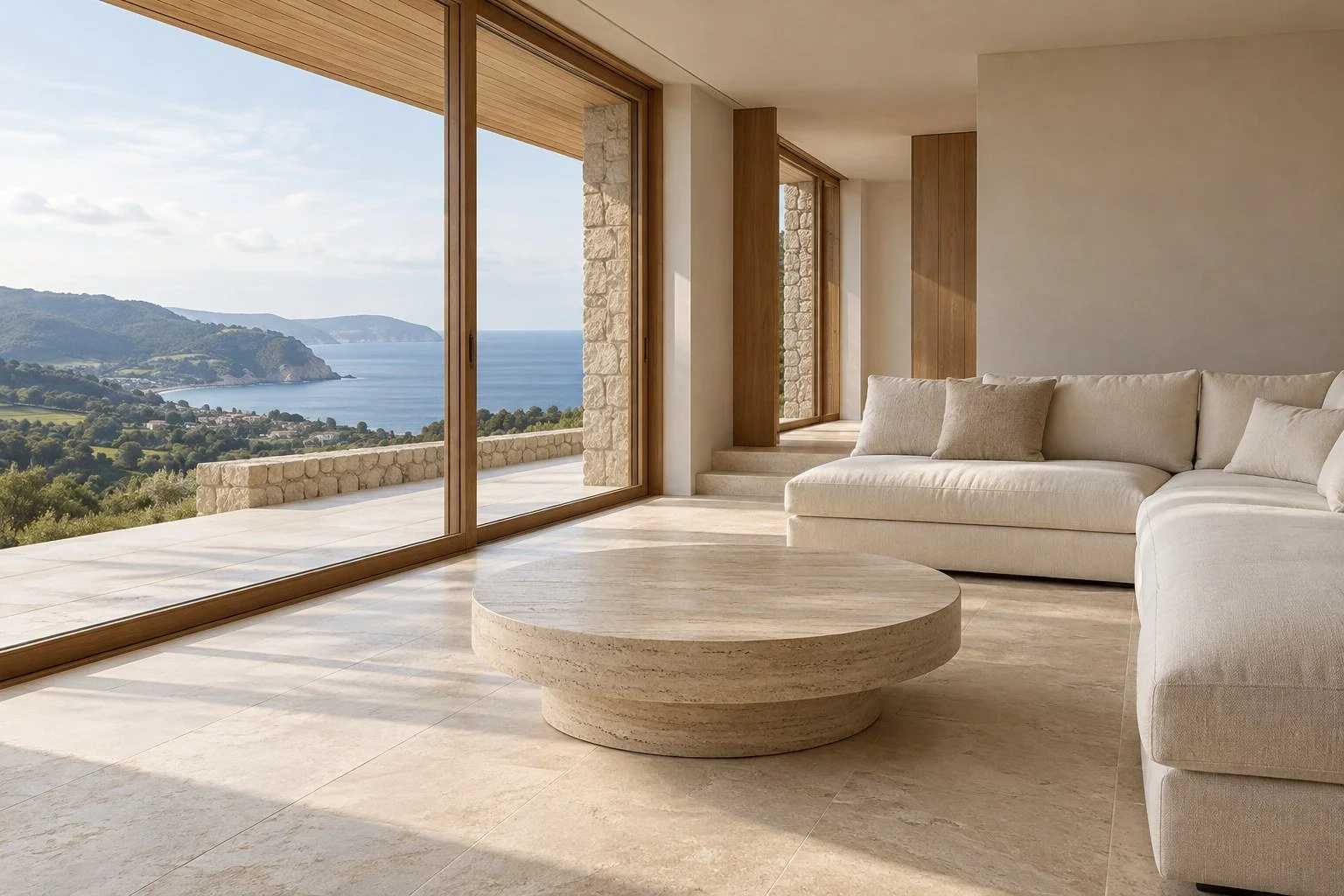 Visualización conceptual de salón en tonos naturales
