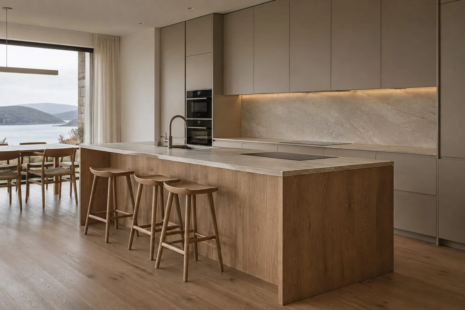 Cocina de madera clara y piedra con isla central