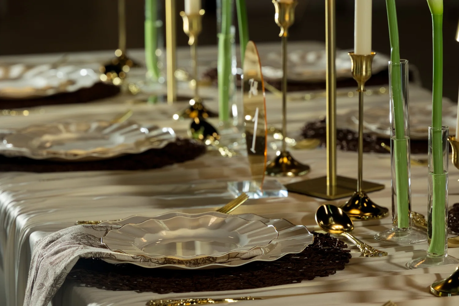 An ivory and gold wedding tablescape