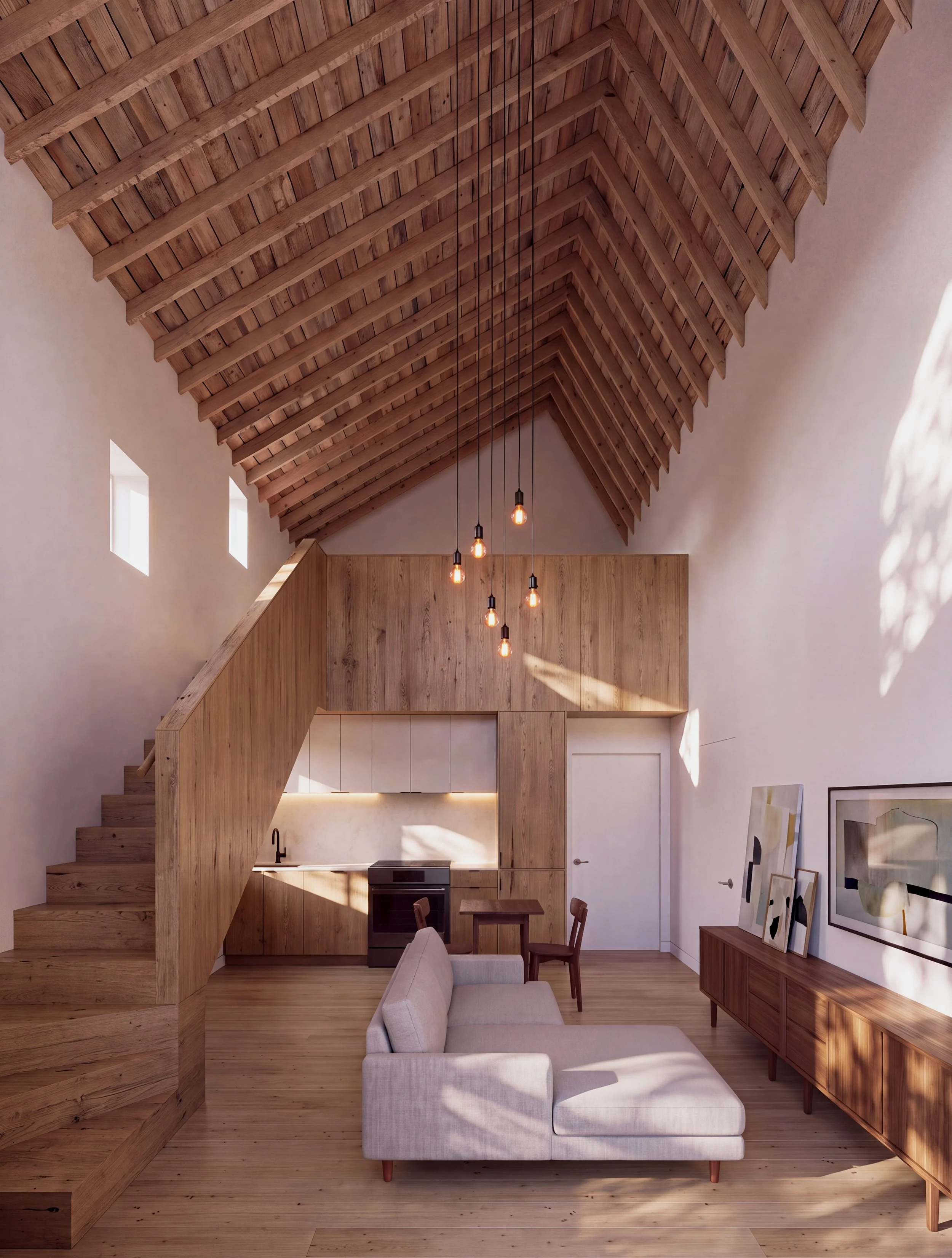 Poplar Street Double-Height Vaulted Ceiling Interior Living Area