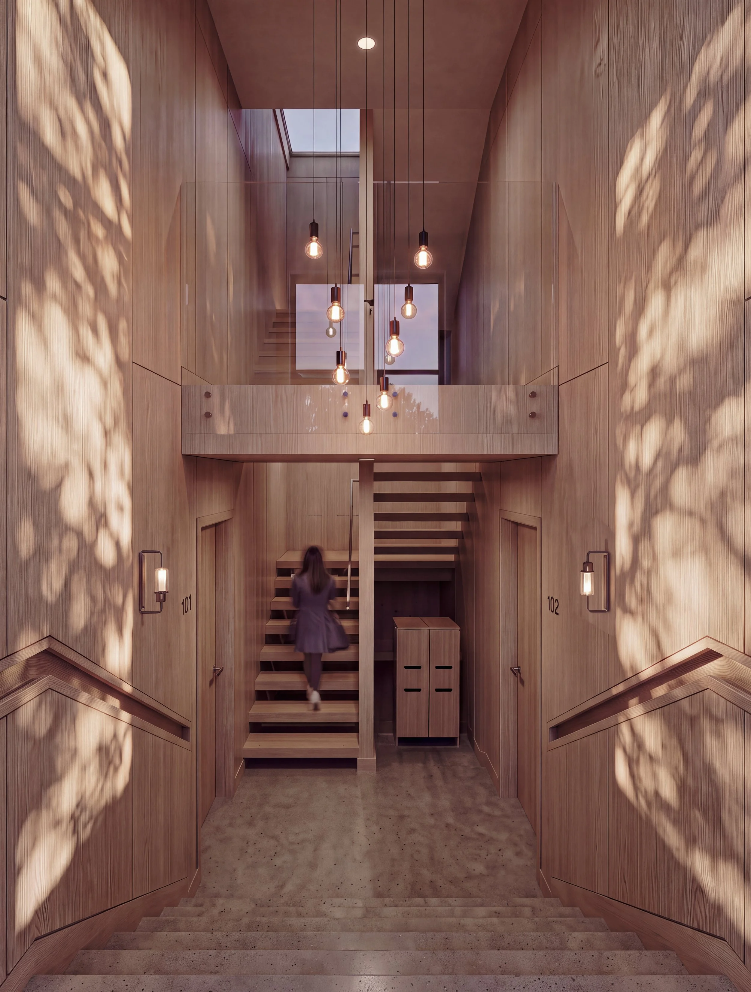 Poplar Street Interior Wooden Staircase and Rafter Detail