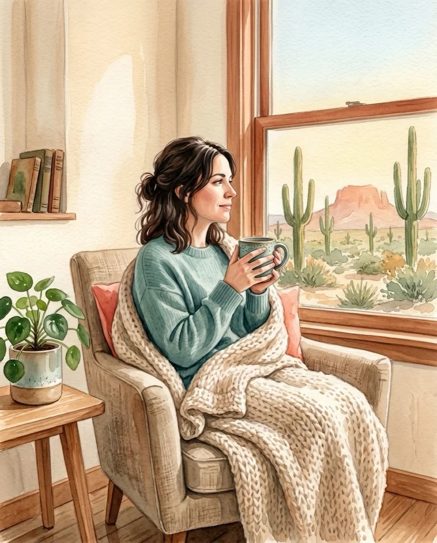 A person resting calmly by a window in soft watercolor light — safety and stillness