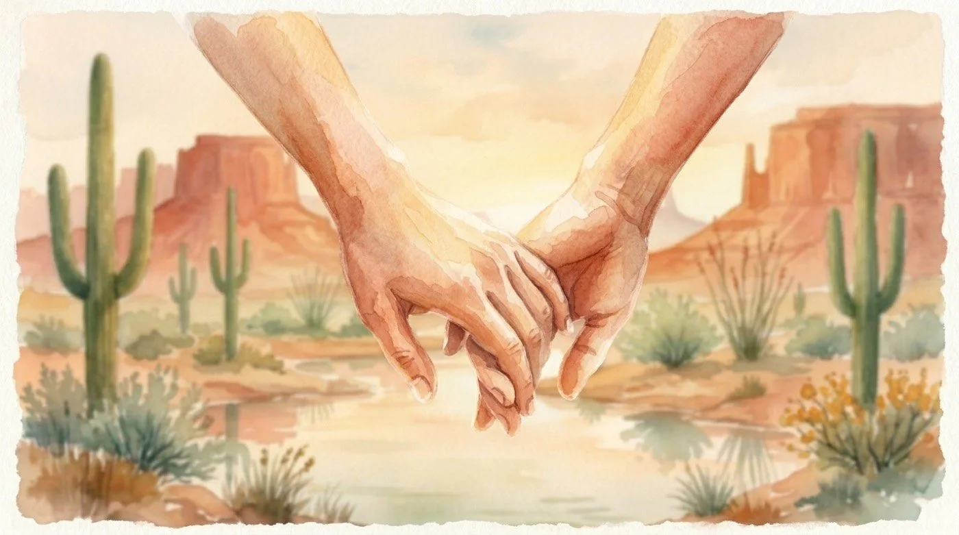 Two hands gently intertwined against a soft Sonoran desert dawn in watercolor — reconnection and trust