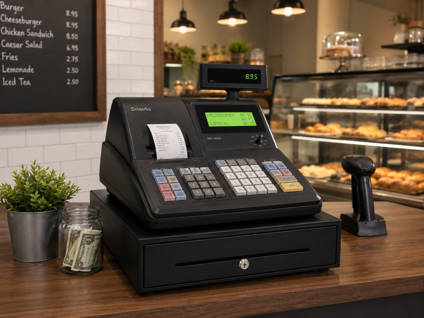 SAM4S-style cash register on a restaurant cafe counter with menu board and barcode scanner