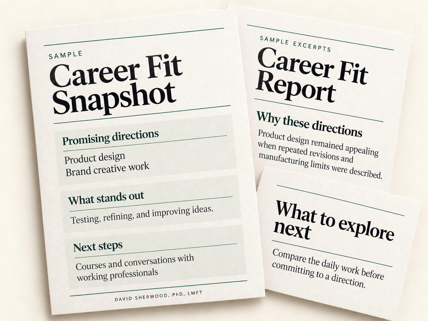 Sample Career Fit Snapshot and Career Fit Report pages
