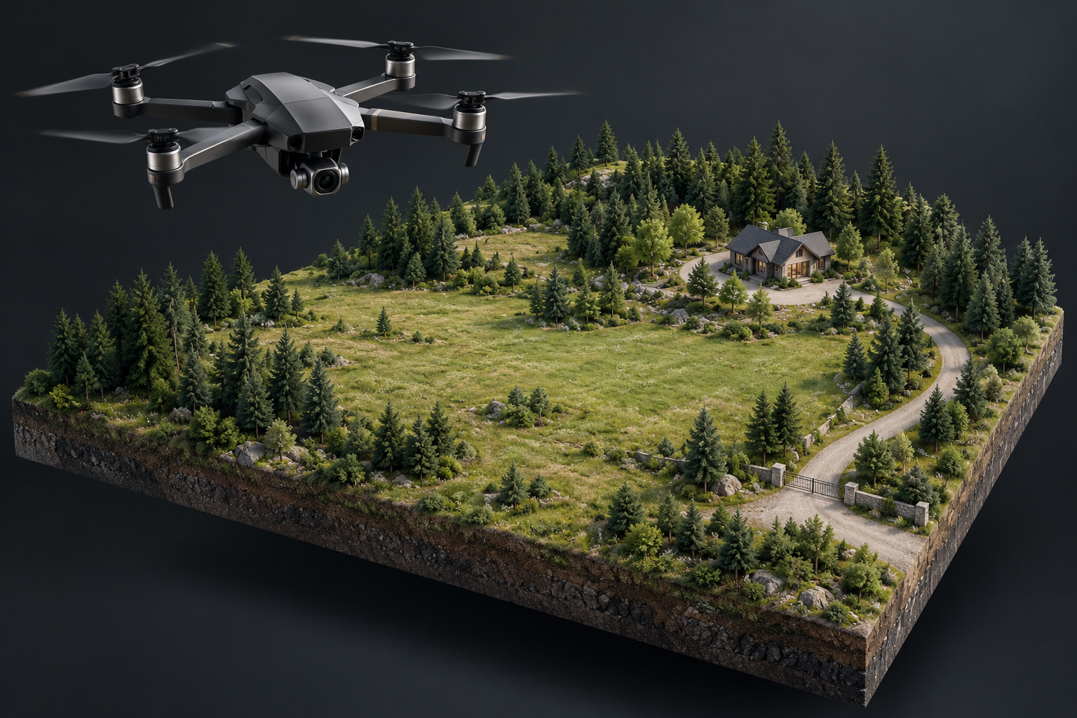 Conceptual 3D camera drone above a fictional rural acreage model