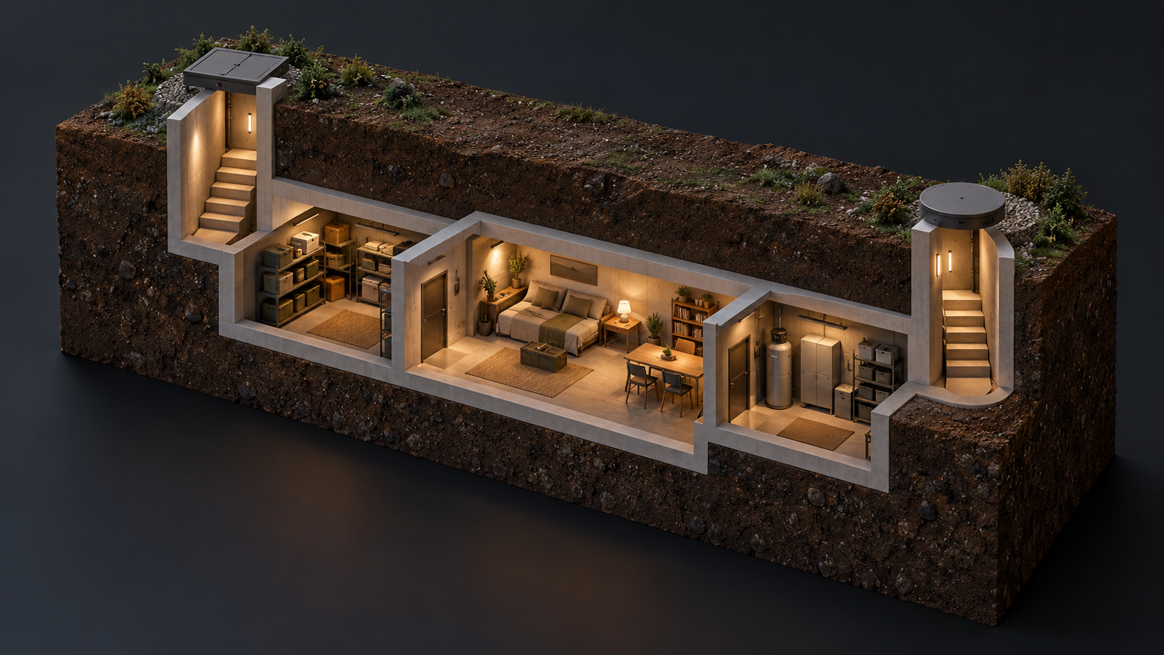 Fictional 3D cutaway of a below-grade shelter showing conceptual rooms and two access elements