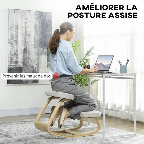 Crèmekleurige HOMCOM kniestoel met houten frame, schuine zitting en kniekussen