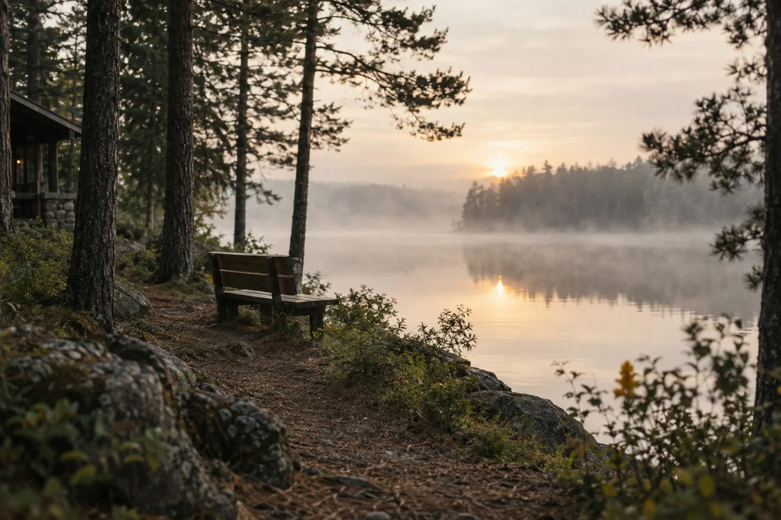 A wooden bench beside a misty lake at dawn among pine trees