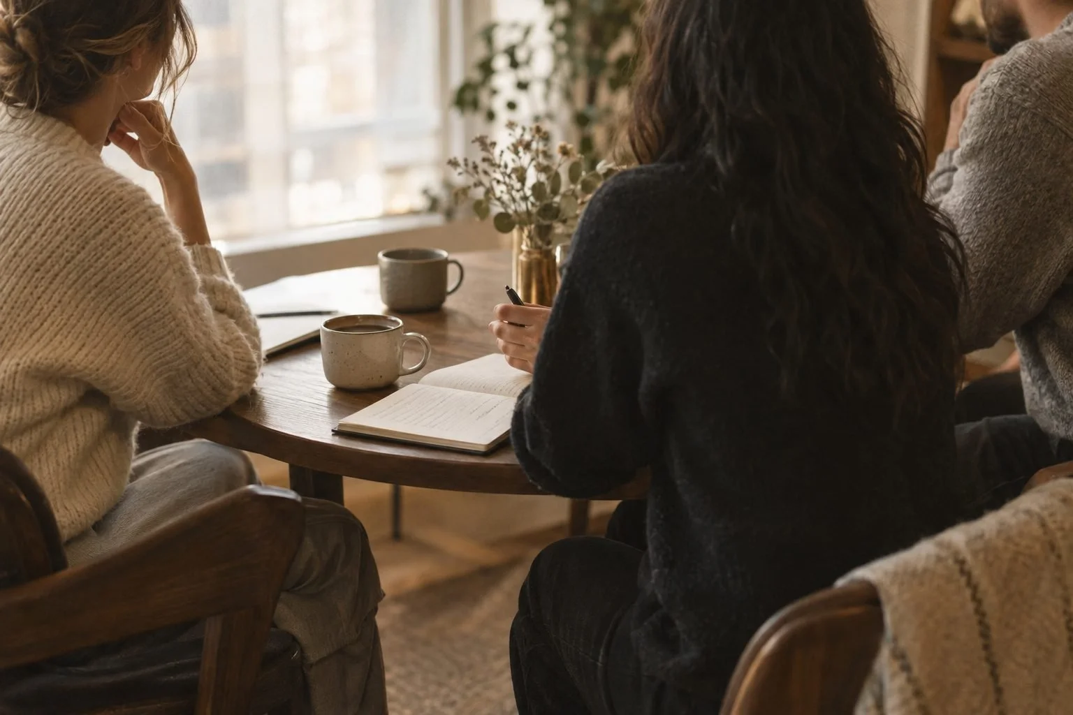 Three people talking around a small table with notebooks and coffee