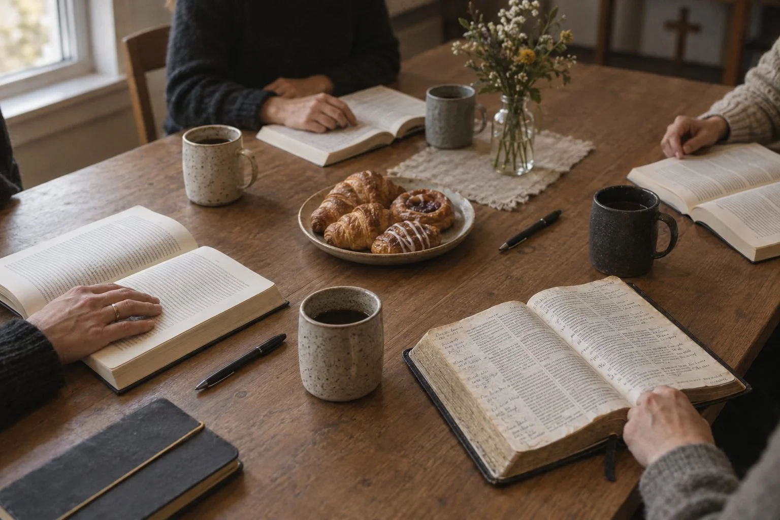 Open books, a Bible, and coffee on a long table on a Saturday morning