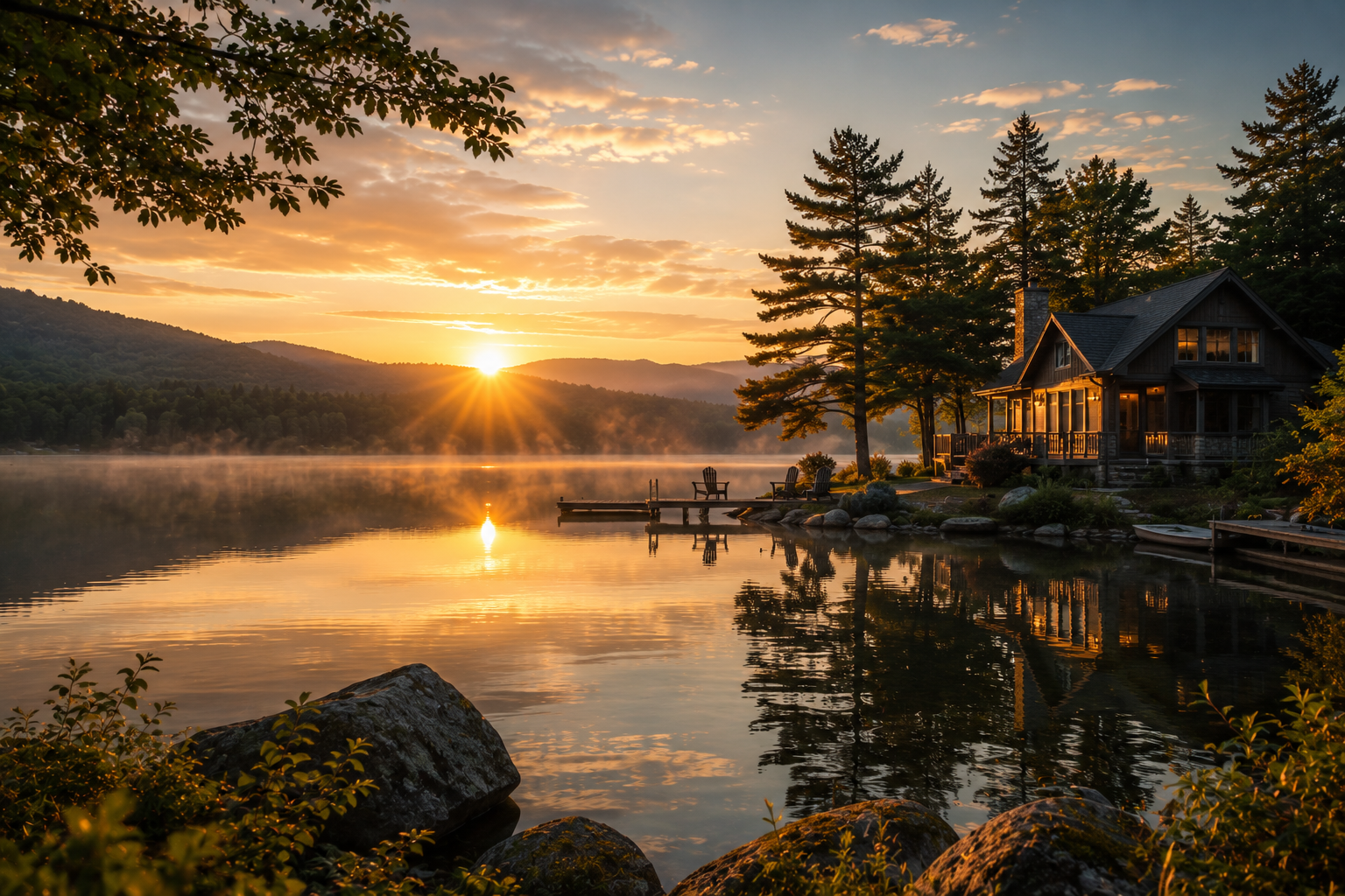 Peaceful lakeside at sunrise