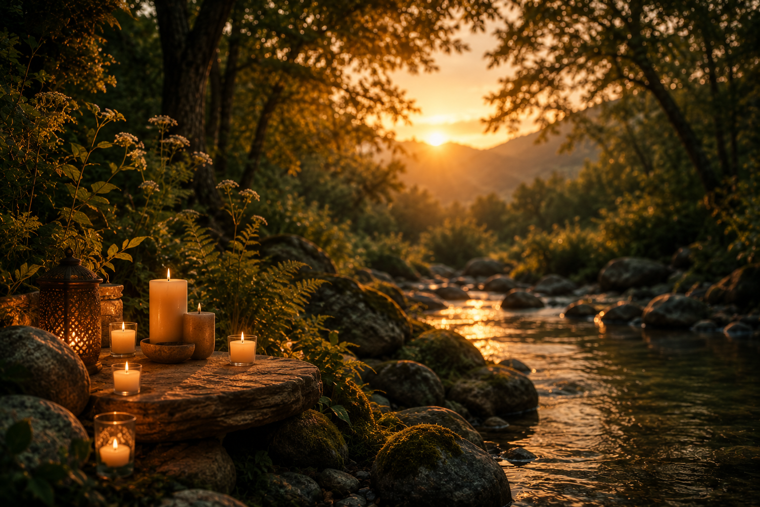 Healing space with candles and natural elements