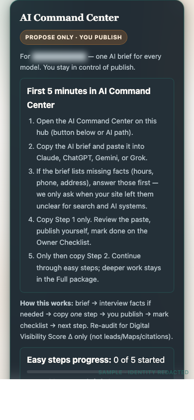 Sample AI brief on phone — identity redacted