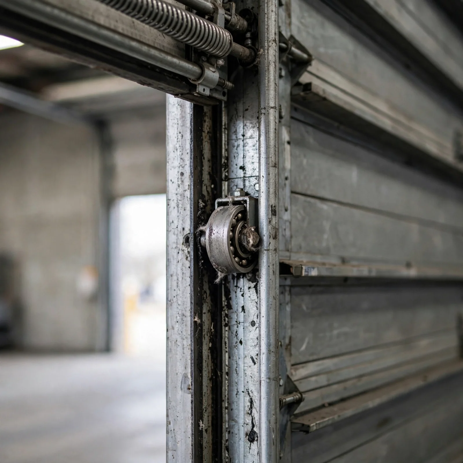 commercial roll-up door track with visible wear and debris