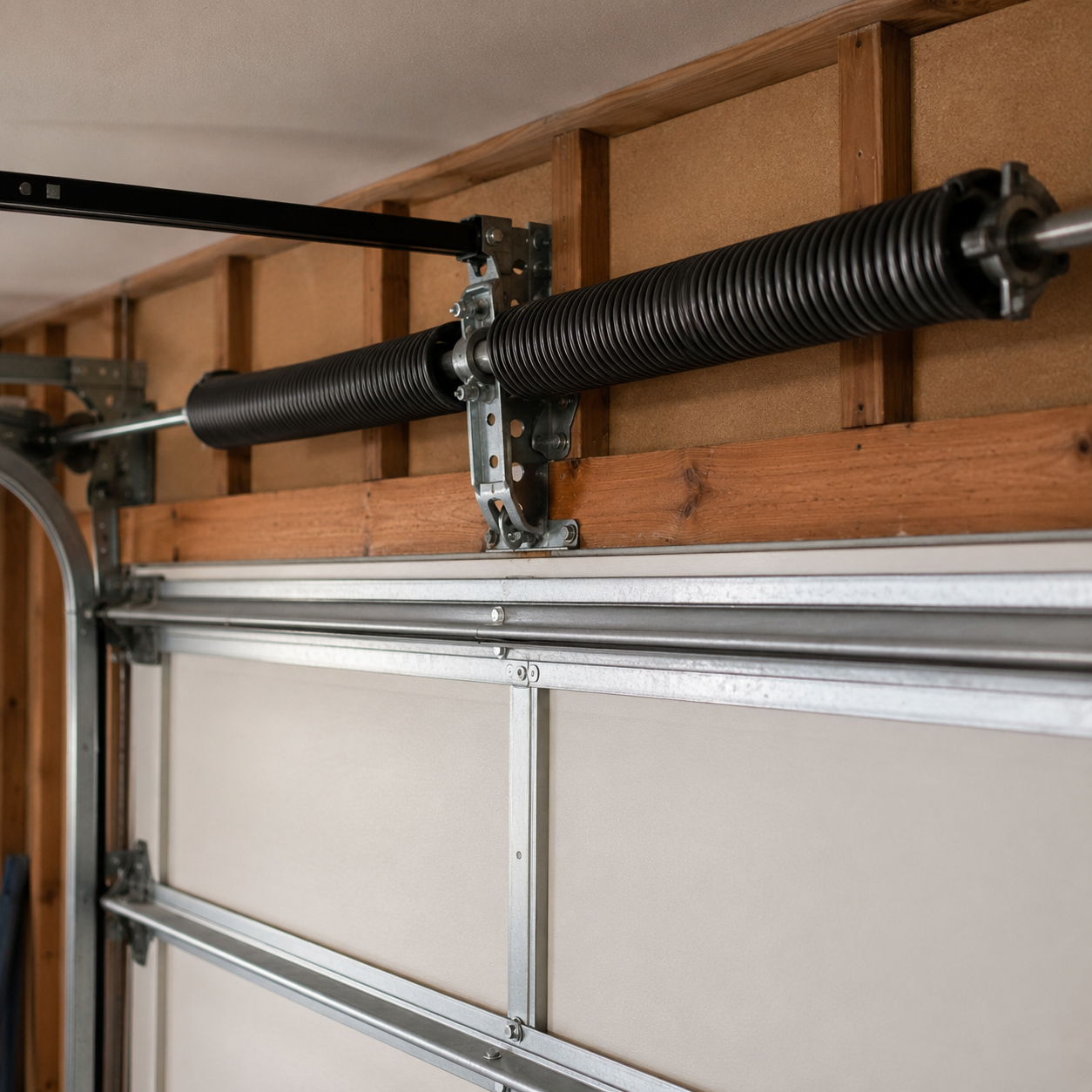 coiled steel torsion spring above a garage door