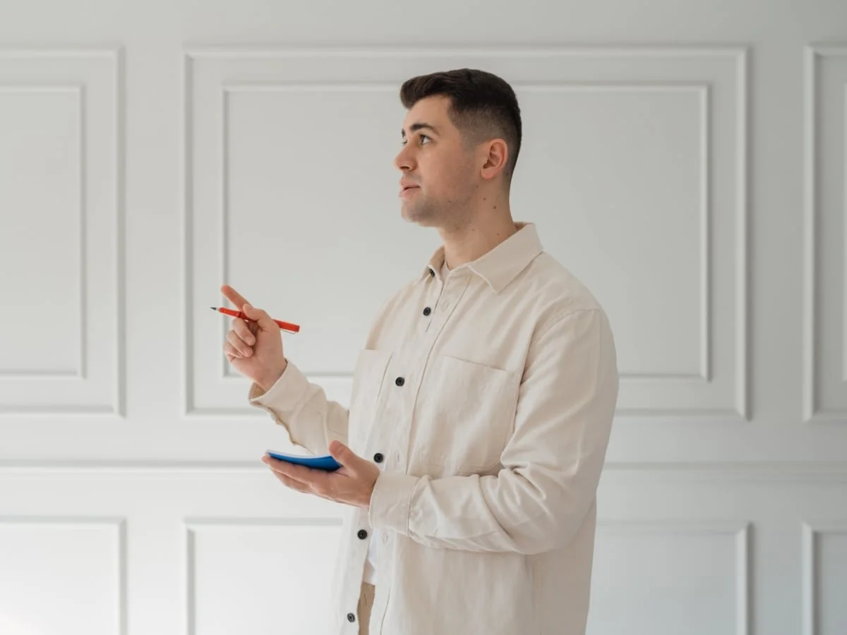 Inspector documenting observations beside interior wall trim