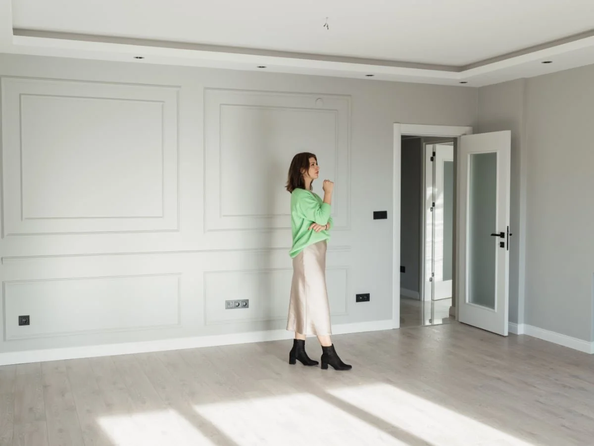 A bright residential room with painted walls, trim, and windows