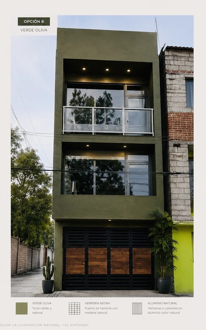 Propuesta frontal de fachada de Casa Trini en verde oliva