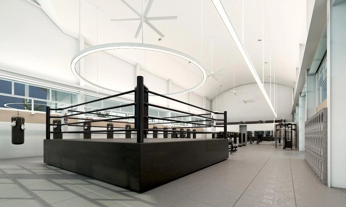 Architectural visualization of the Muay Thai gym with a boxing ring