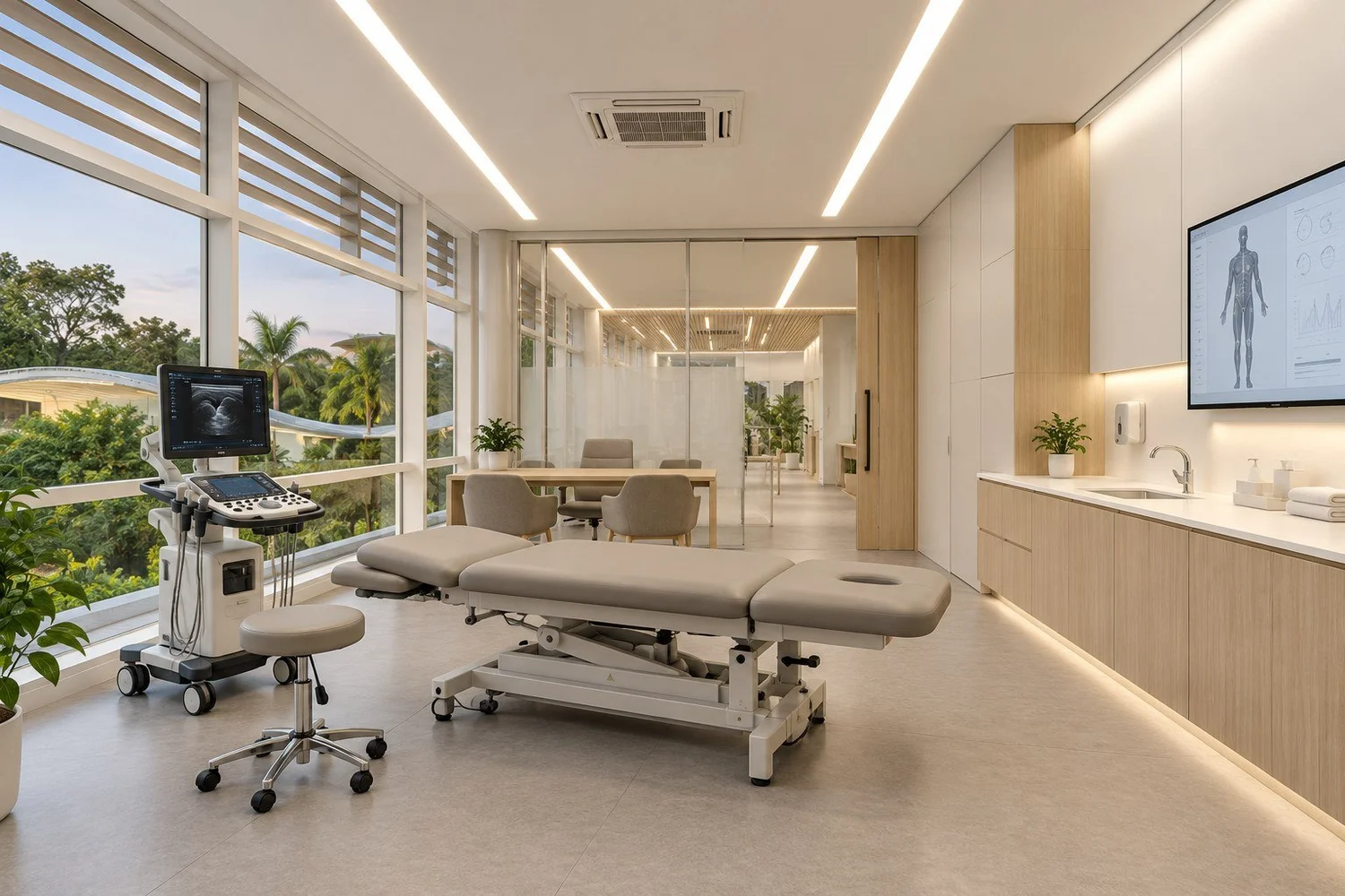Concept image of a bright clinic room with a treatment bed and diagnostic equipment
