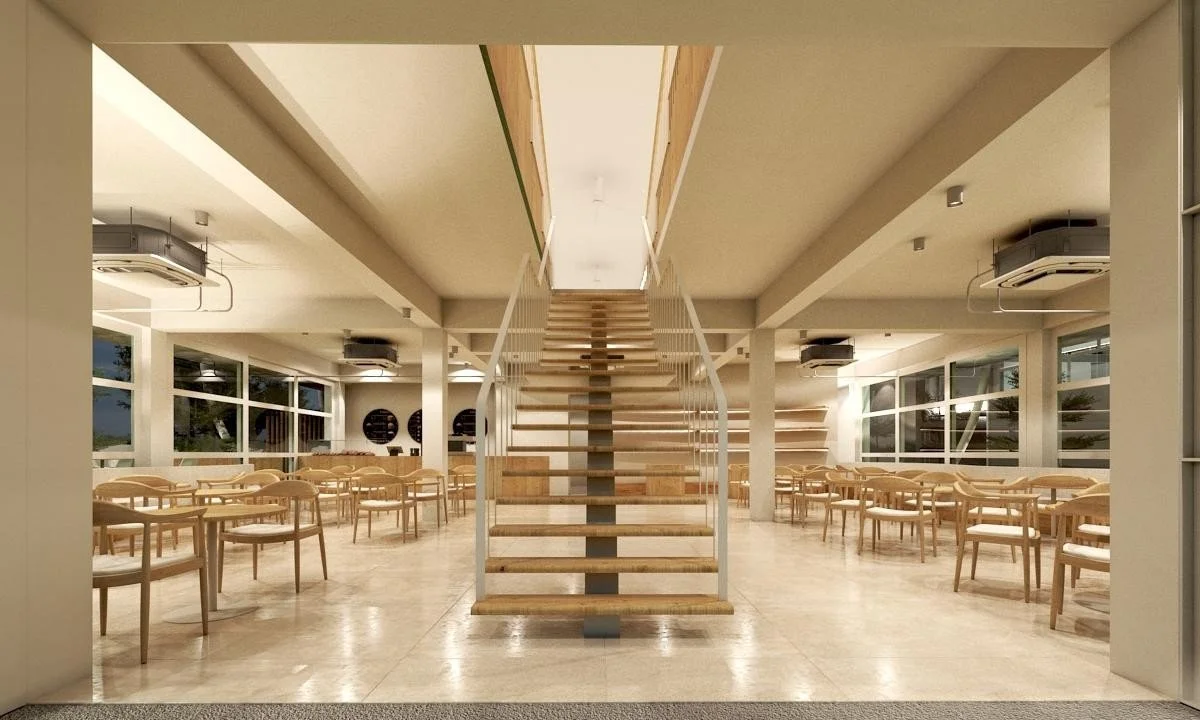 Architectural visualization of the warm timber café and working space