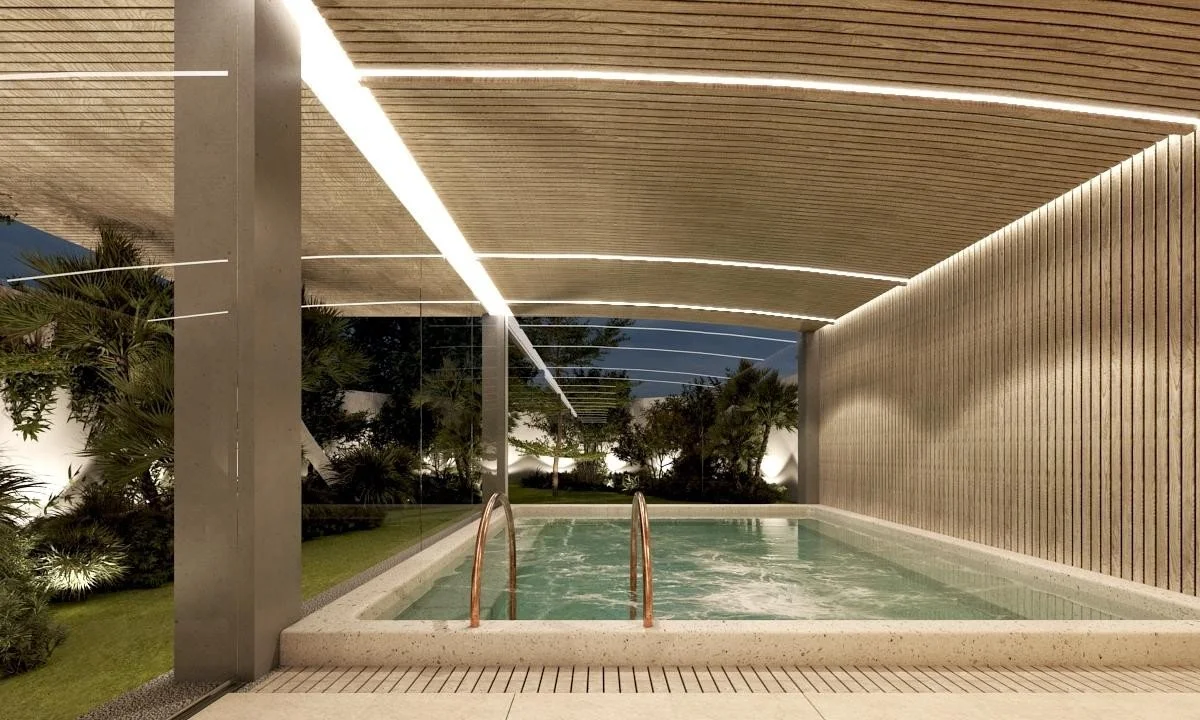 Architectural visualization of the timber-lined onsen pool