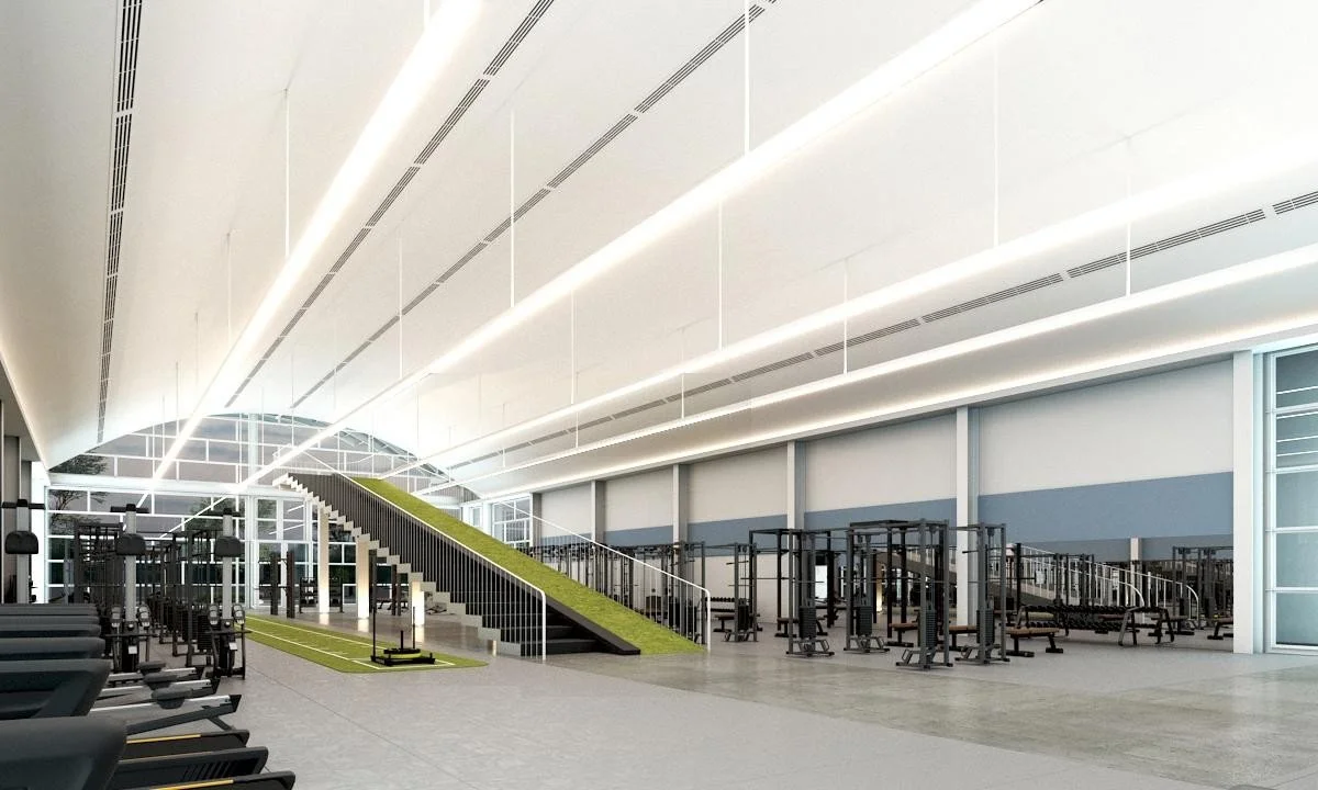 Architectural visualization of the functional training and strength & conditioning floor with rigs and turf