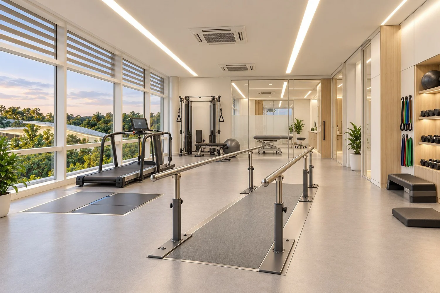 Concept image of a rehabilitation gym with parallel bars and physiotherapy equipment