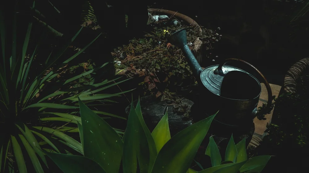 Jardín con regadera de cobre