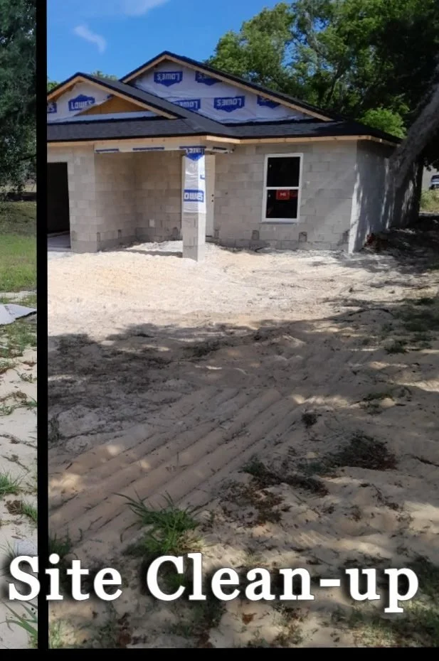Polk Services construction-site cleanup after, cleared and raked clean.