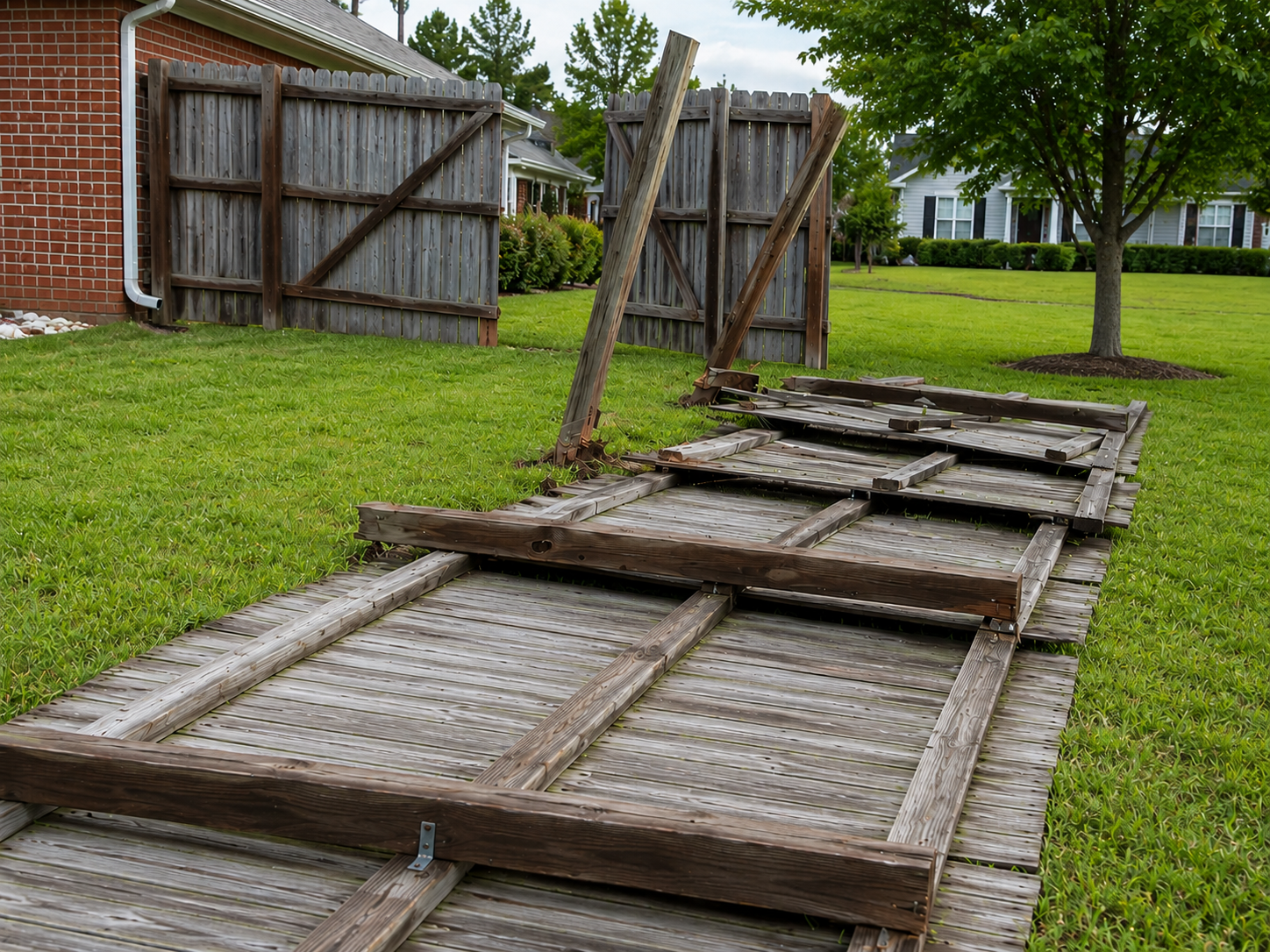 Polk Services fence removal in Lakeland, FL, a wood privacy fence coming down with heavy equipment.