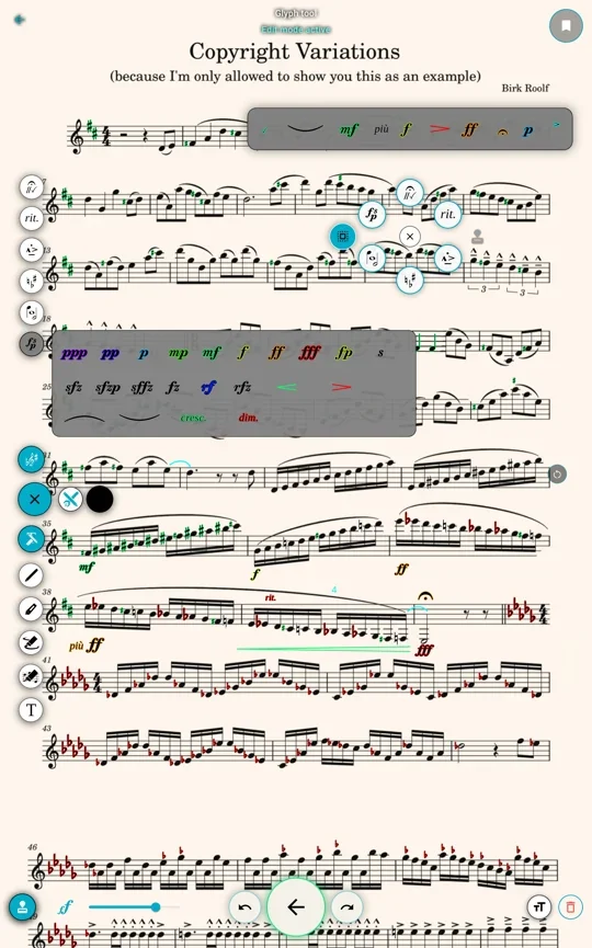 Score editing with the stamp menu and music symbols