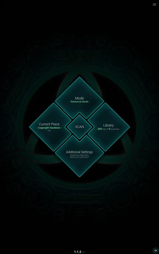 Dark main menu with turquoise accents