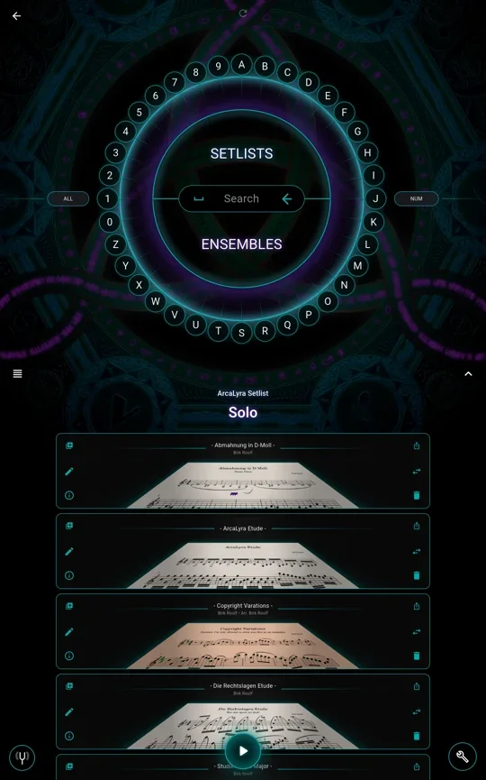 Library with turquoise accents and score previews